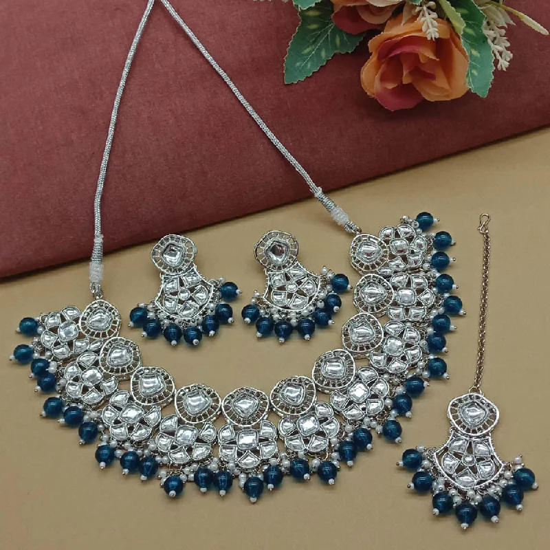 Chunky Silver Necklace-Sai Fashion Silver Plated Kundan Stone And Beads Necklace Set