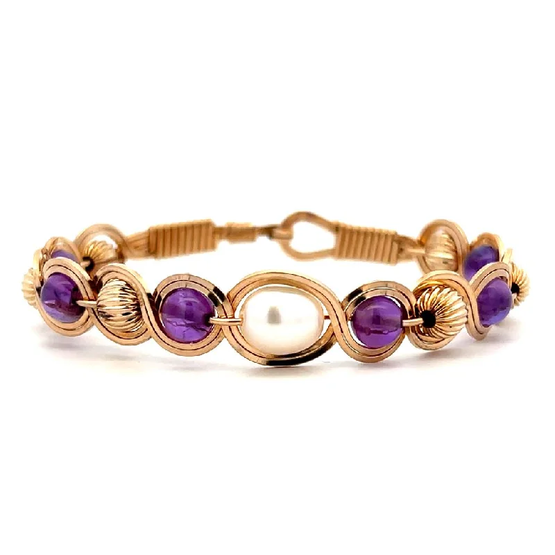 Simple Stack Bangles-Estate 14K Yellow Gold Pearl & Amethyst Bangle Bracelet