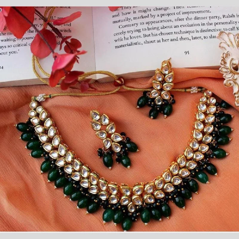 Custom Crystal Necklace-FS Collection Gold Plated Kundan Stone And Beads Necklace Set