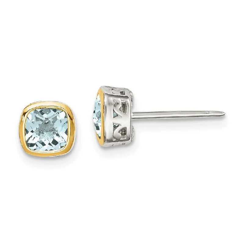 Moonstone Earrings-Sterling Silver w/ 14K Accent Aquamarine Square Stud Earrings