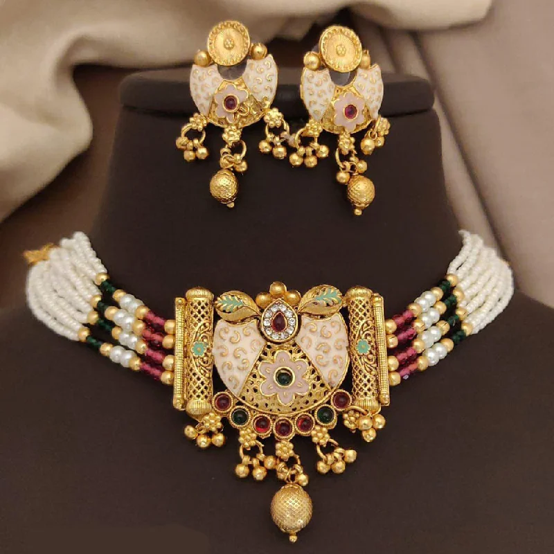 Trendy Multi-layer Necklace-FS Collection Gold Plated Pota Stone And Meenakari Pearls Choker Necklace Set