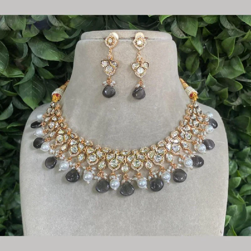 Simple Diamond Pendant Necklace-Amoliya Jewels Gold Plated Polki Kundan And Beads Necklace Set