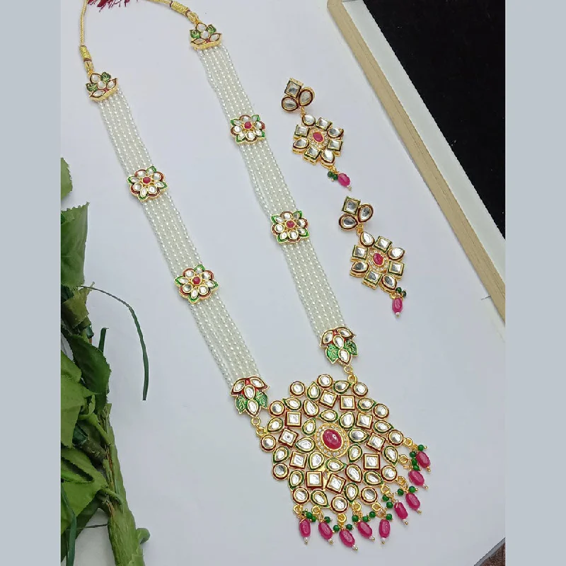 Vintage Gemstone Necklace-SP Jewellery Gold Plated Kundan Stone And Pearl Long Necklace Set