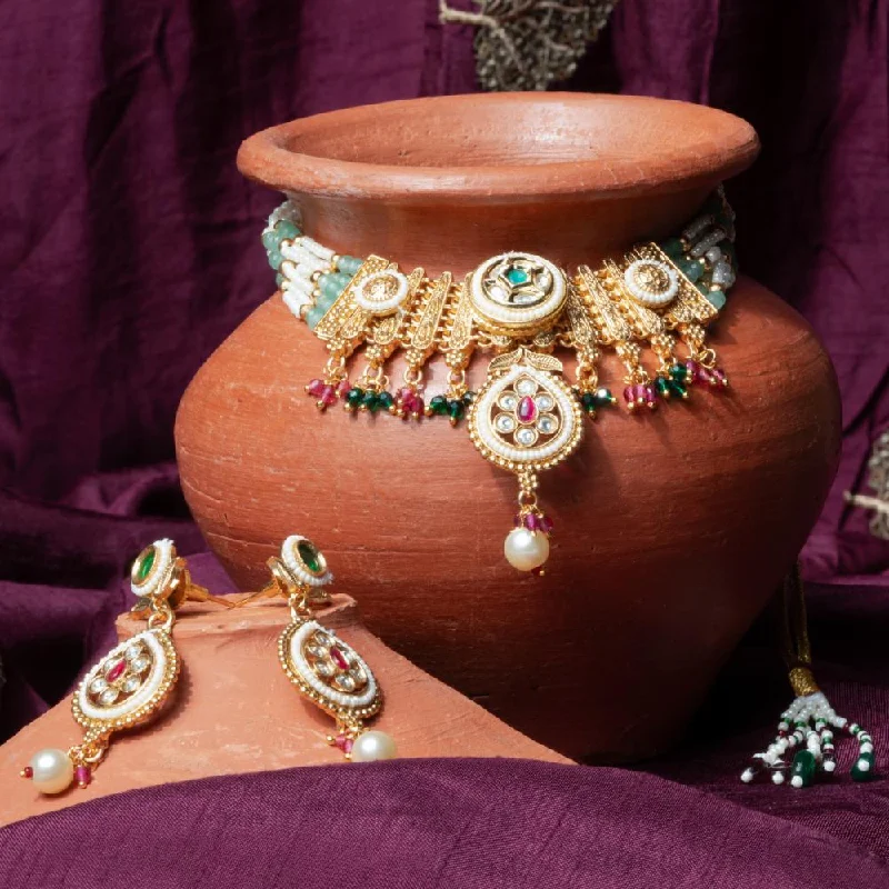 Multi-Strand Necklace-ChicCharm Jewellery Brass And Copper Gold Plated Rajwadi Necklace Set