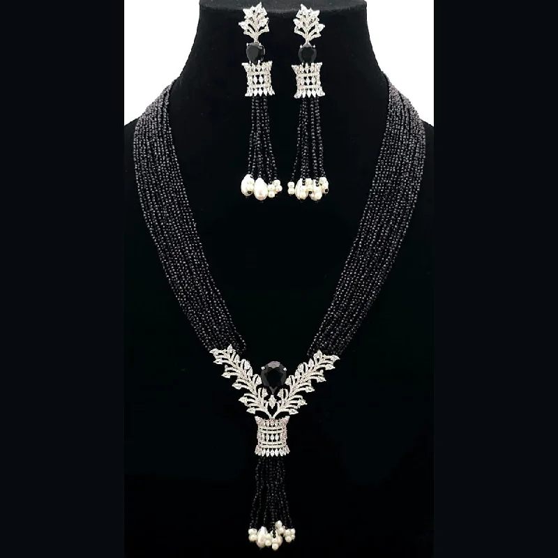 Long Statement Necklace-FS Collection Silver Plated AD And Pearls Multi Layer Long Necklace Set