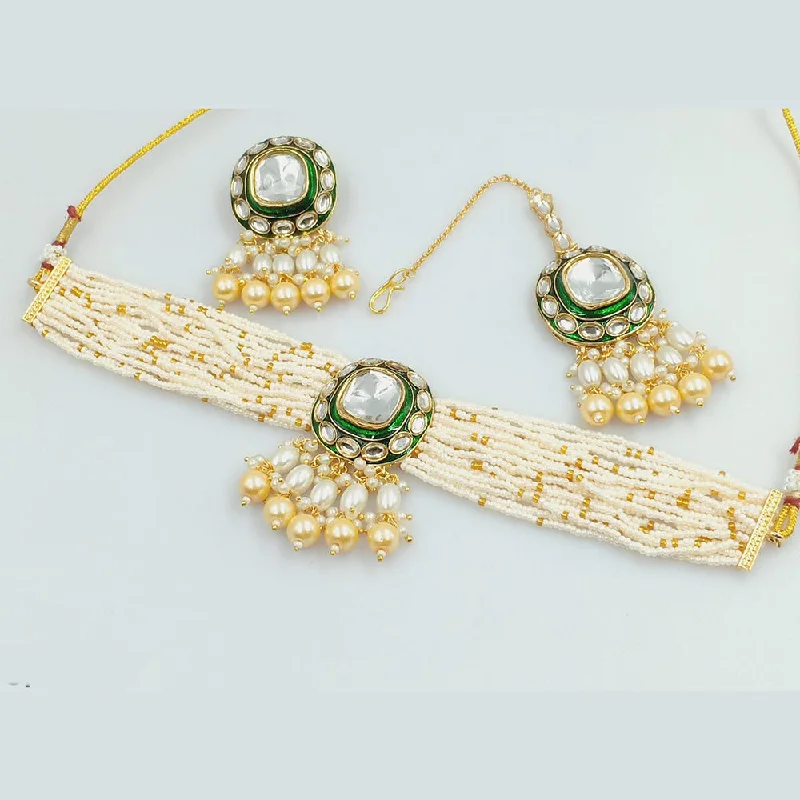 Classic Silver Necklace-Rajwadi Collection Gold Plated Kundan Stone And Pearl  Choker Necklace Set