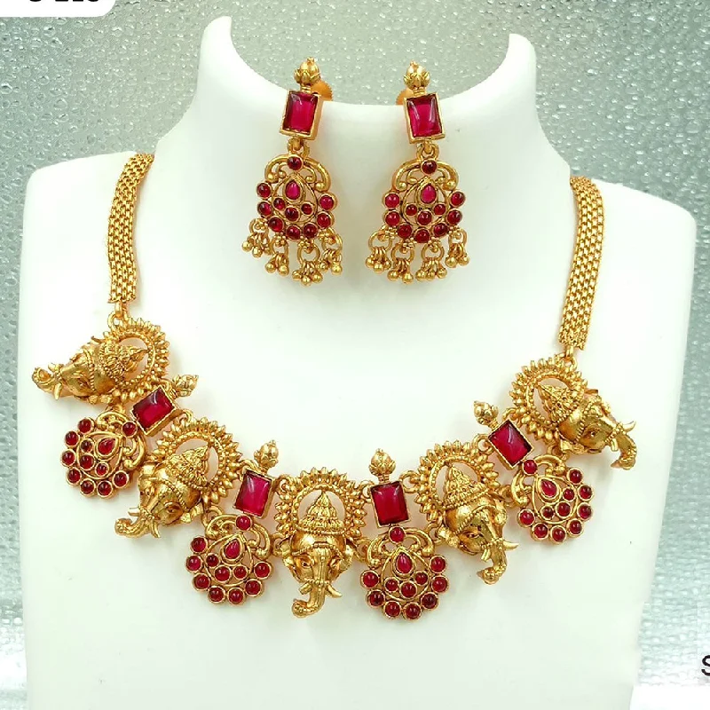 Elegant CZ Necklace-FS Collection Gold Plated Kundan Stone Elephant Style Choker Necklace Set