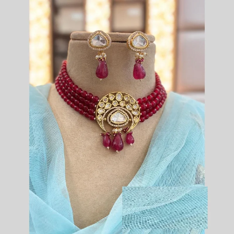 Multi-Colored Stone Necklace-Jewel Addiction Gold Plated Polki Kundan And Beads Choker Necklace Set