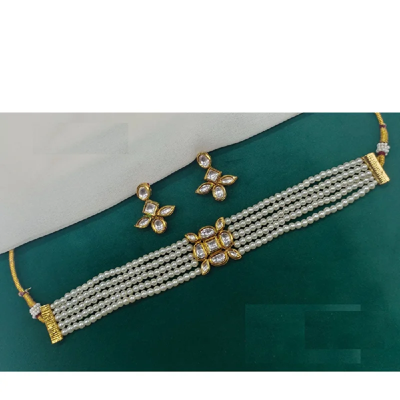 Layered Gemstone Necklace-Amoliya Jewels Gold Plated Kundan Stone And Pearls Choker Necklace Set