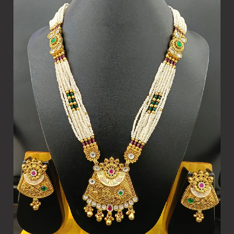 Customizable Birthstone Necklace-Jain Jewellers Gold Plated Kundan Stone And Pearl Meenakari Long Necklace Set