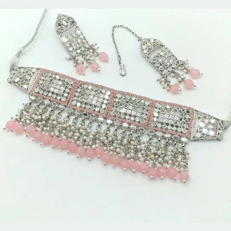 Retro Style Necklace-Rajwadi Collection Silver Plated Pearl Mirror And Beads  Choker Necklace Set