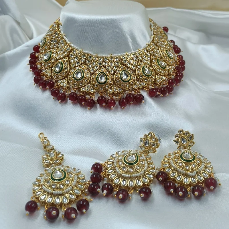 Gemstone Cluster Necklace-Gehana Mahal Gold Plated Kundan And Pearl Necklace Set