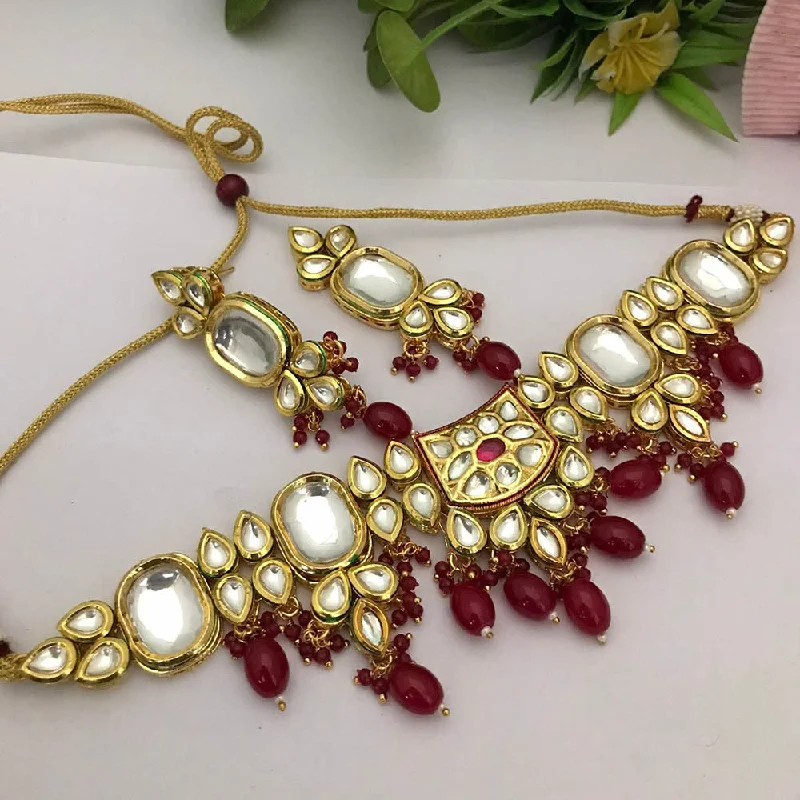 Pearl and Diamond Necklace-FS Collection Gold Plated Kundan Stone And Pearls Choker Necklace Set