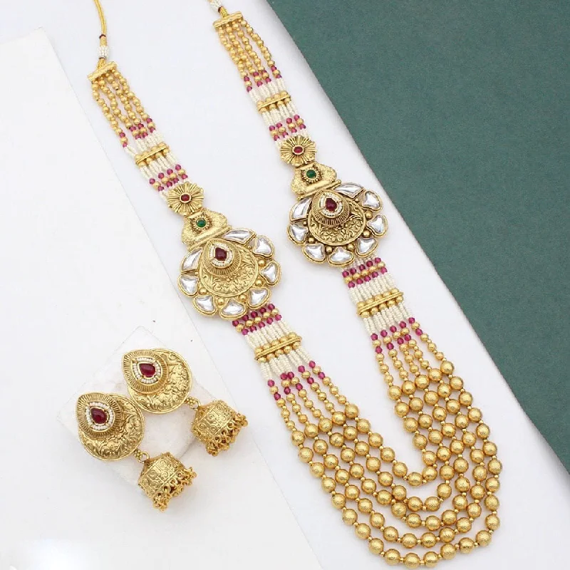 Luxury Diamond Necklace-JCM Gold Plated Kundan Stone And Pearls Long Necklace Set