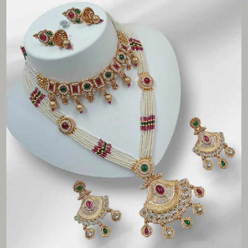 Crystal Bar Necklace-Padmawati Bangles Gold Plated Kundan Stone And Double Necklace Set