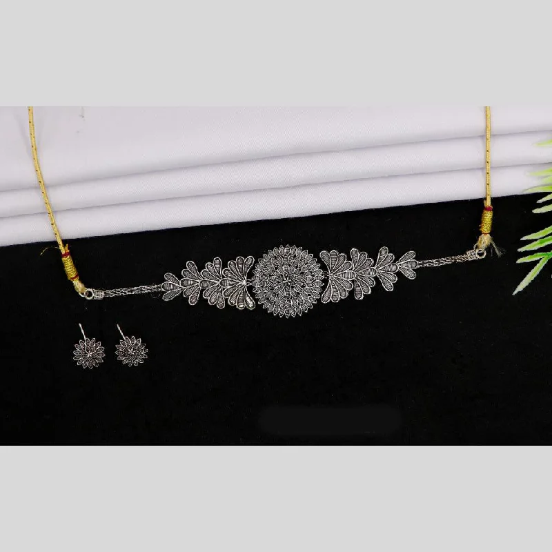 Blue Sapphire Necklace-Mahavir Oxidised Plated Choker Necklace Set