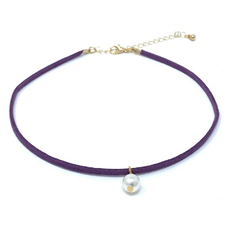 Vintage Crystal Necklace-Purple Suede Choker Necklace Pearl Pendant