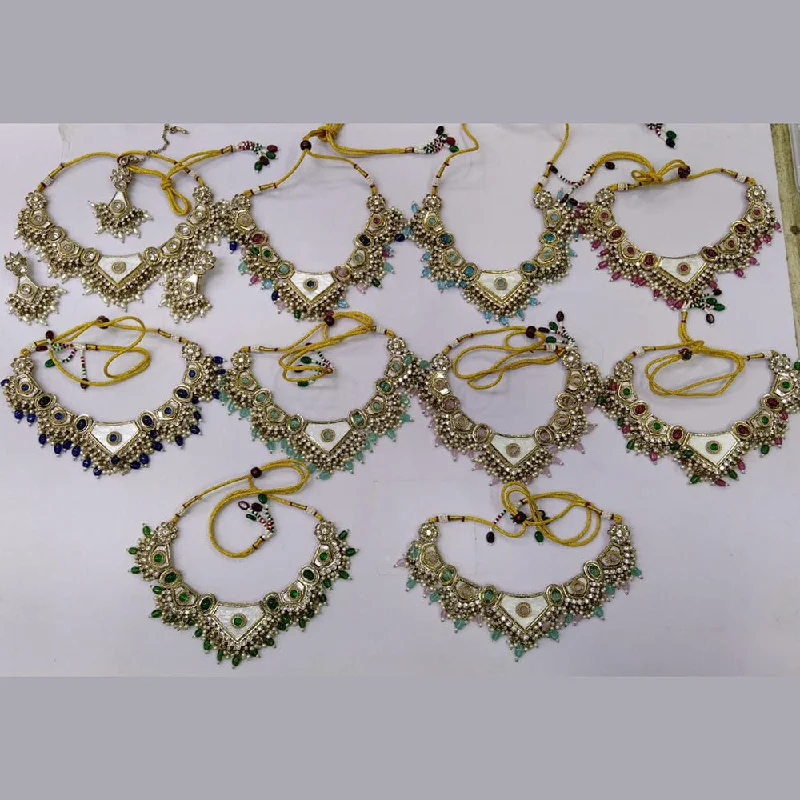 Gold Bead Necklace-Rani Sati Jewels Gold Plated Kundan Stone And Pearls Necklace Set