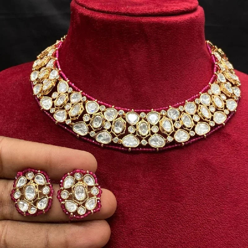 Handcrafted Silver Necklace-Shagna Gold  Plated Polki  Kundan Necklace Set