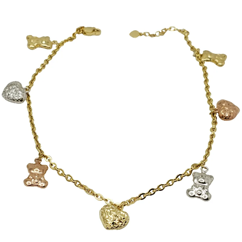 Personalized Nameplate Bracelets-Heart & Teddy Bear Ankle Bracelet (14K)