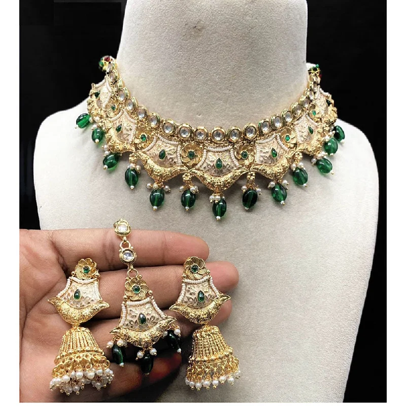 Customizable Necklace-Amoliya Jewels Gold Plated Kundan Stone And Pearls Meenakari Choker Necklace Set