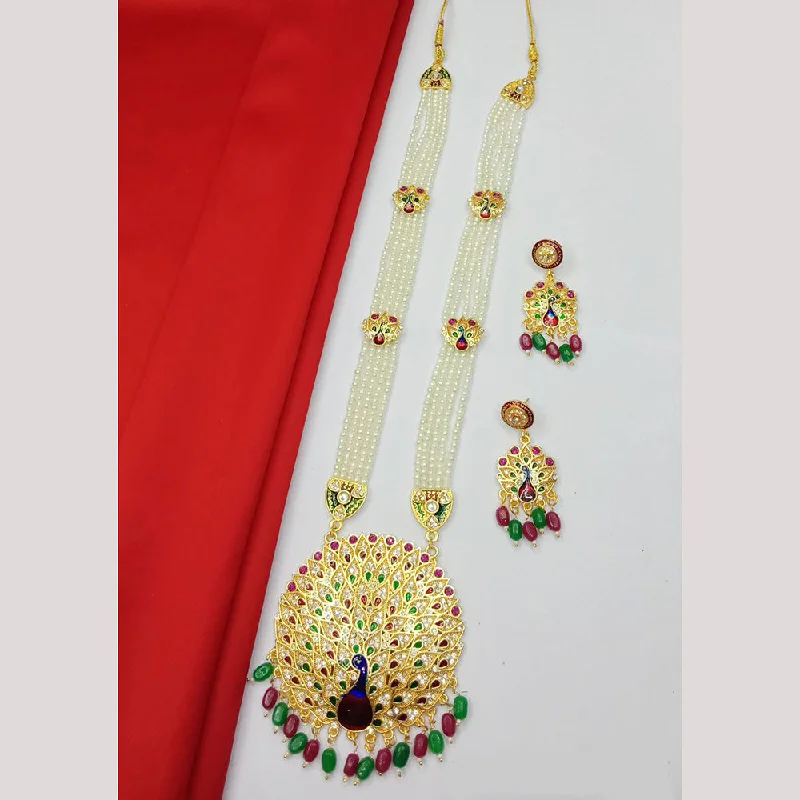 Rose Gold Layered Necklace-SP Jewellery Gold Plated Kundan Stone And Pearl Long Necklace Set