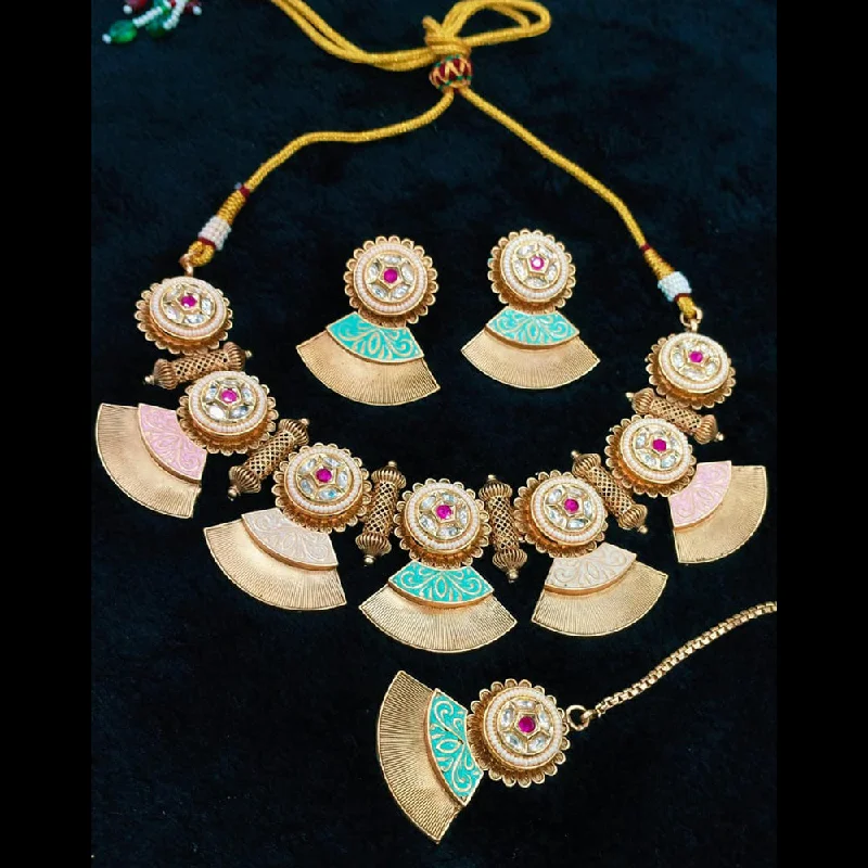 Bridal Wedding Necklace-Everlasting Quality Jewels Gold Plated Polki Kundan And Meenakari Necklace Set