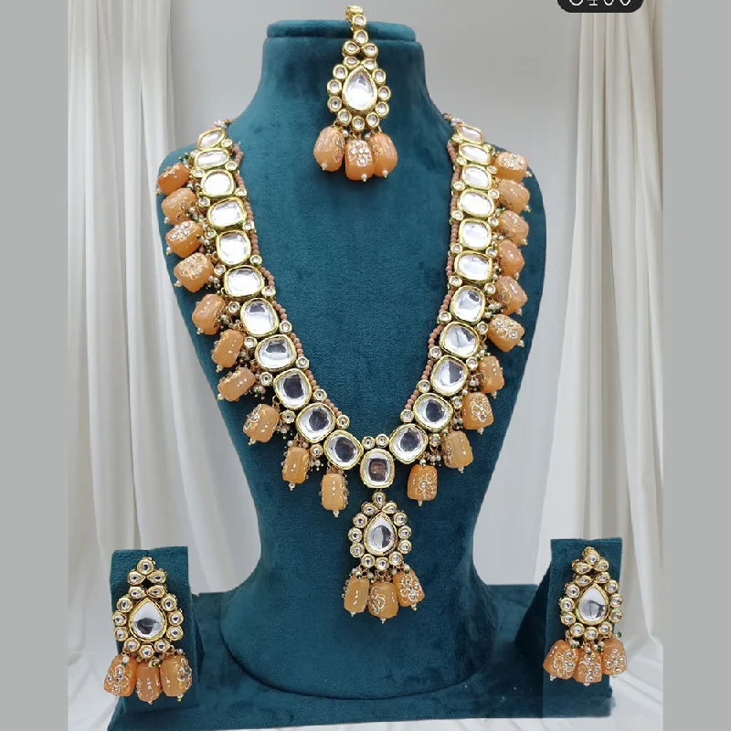 Dainty Silver Necklace-JCM Gold Plated Kundan Stone And Pearls Long Necklace Set