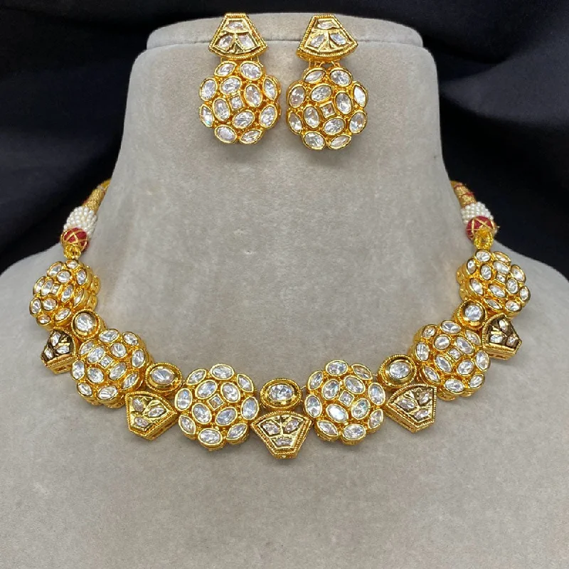 Classic Gold Pendant Necklace-Royal Kundan Jewellery Gold Plated Polki Kundan Necklace Set