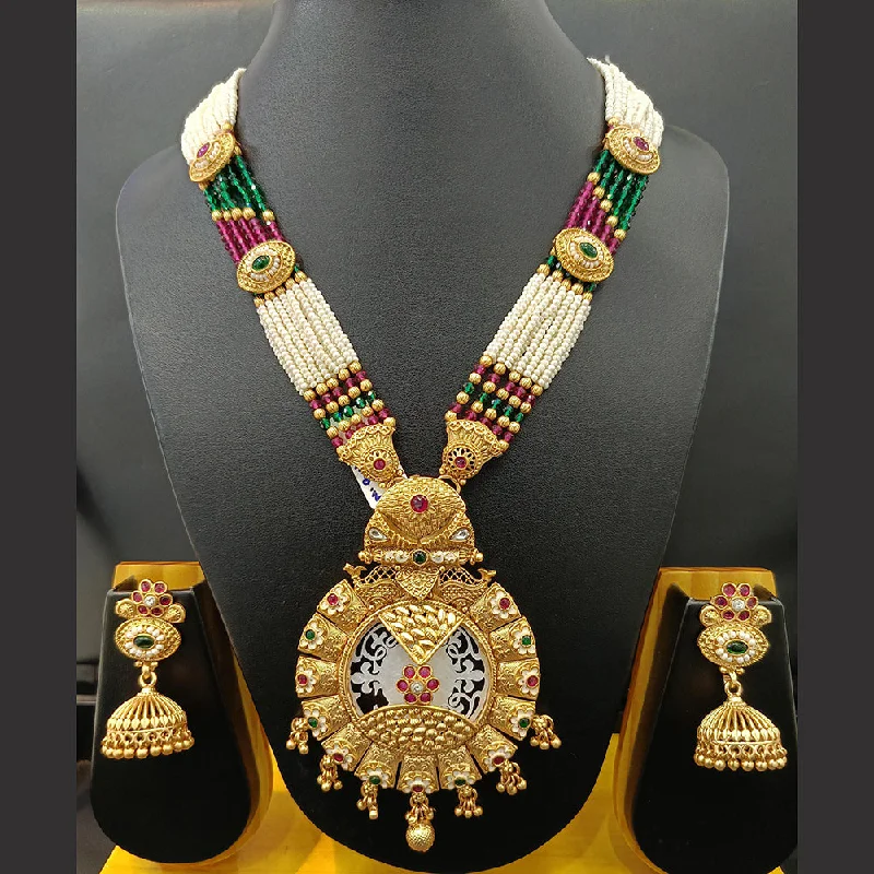 Multi-Colored Stone Necklace-Jain Jewellers Gold Plated Kundan Stone And Pearl Meenakari Long Necklace Set