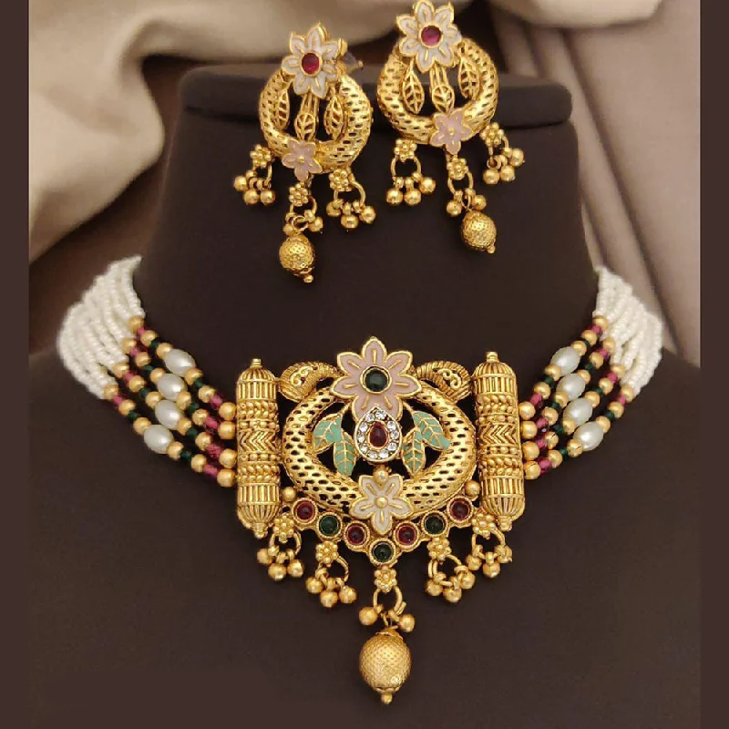 Modern Silver Necklace-FS Collection Gold Plated Pota Stone And Meenakari Pearls Choker Necklace Set