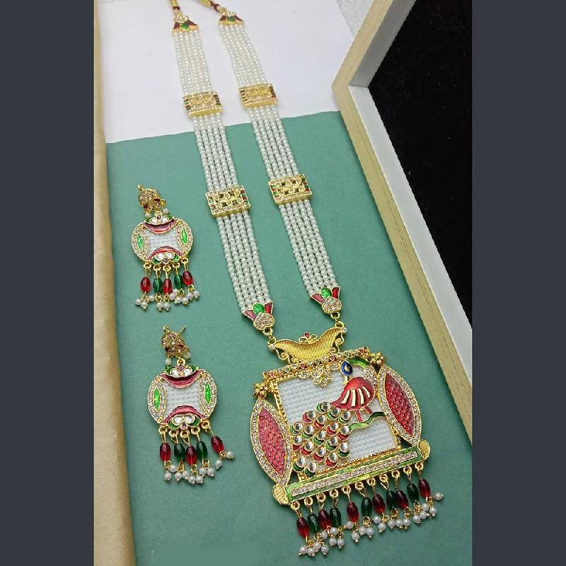 Elegant Turquoise Necklace-SP Jewellery Gold Plated Kundan Stone And Pearl Long Necklace Set