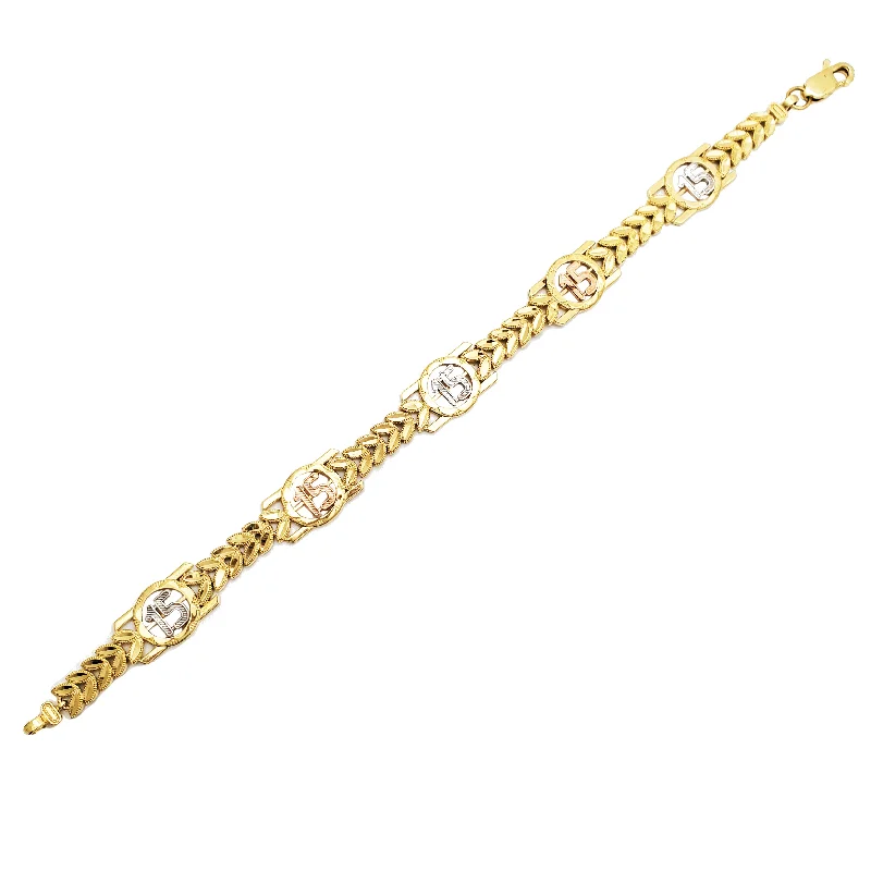 Simple Gold Bracelets-Tricolor 15 Quinceñeara Leaf Fancy Bracelet (14K)