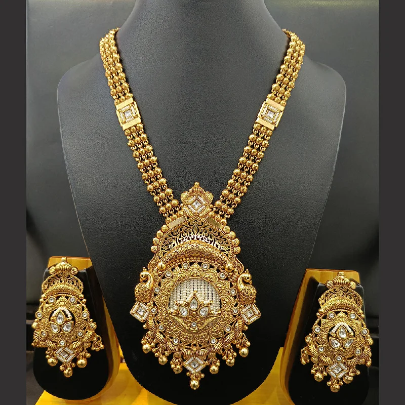 Chunky Silver Necklace-Jain Jewellers Gold Plated Kundan Stone And Pearl Long Necklace Set