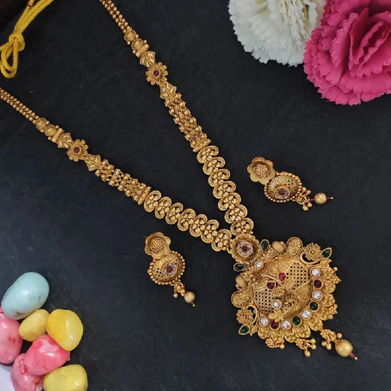 Elegant Gold Leaf Necklace-Heera Jewellers Gold Plated Pota Stone Long Necklace Set