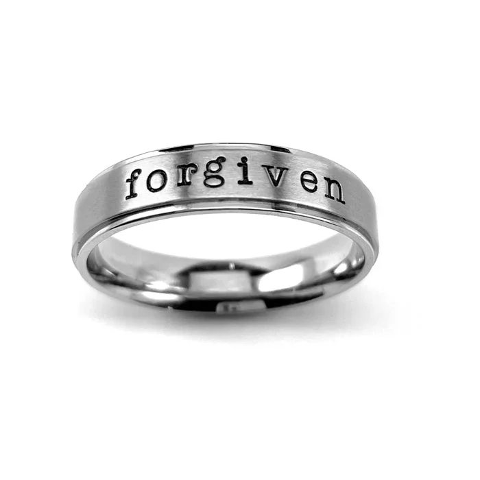 Wedding Set with Diamond Ring-Forgiven Hand Stamped Band Ring