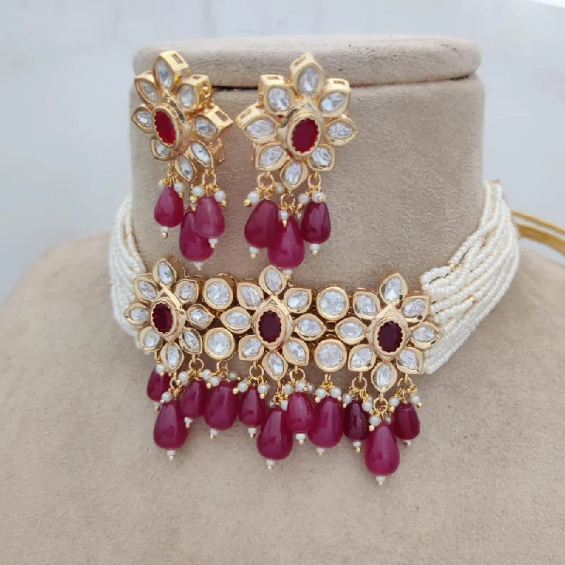 Elegant Gold Necklace-Jewel Addiction Gold Plated Polki Kundan Pearl And Beads Choker Necklace Set