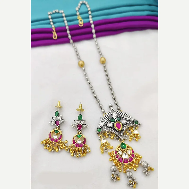 Gemstone Beaded Necklace-Fancyla 2 Tone Plated Kundan Stone And Pearls Long Necklace Set