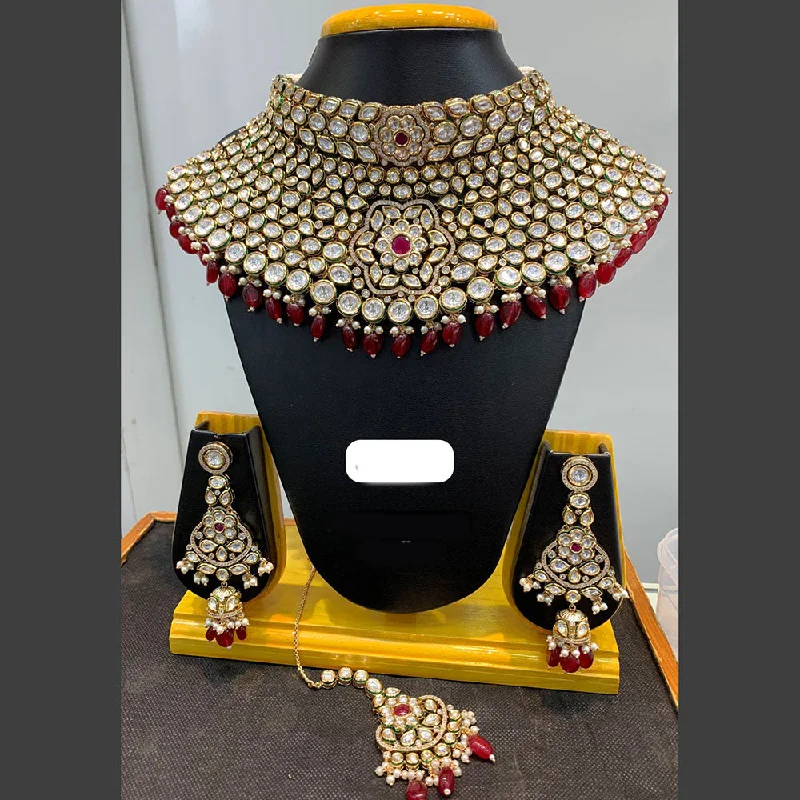 Gold Rope Necklace-Jain Jewellers Gold Plated Polki Kundan Stone And Pearls Choker Necklace Set