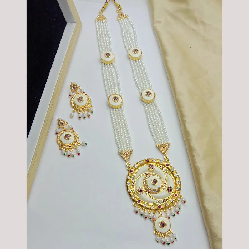 Fashionable Multi-Chain Necklace-SP Jewellery Gold Plated Kundan Stone And Pearl Long Necklace Set