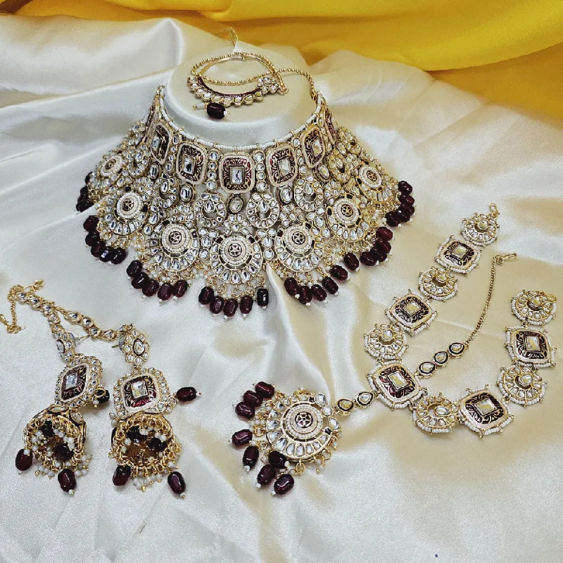 Silver Coin Necklace-Gehana Mahal Gold Plated Kundan Stone And Beads Semi Bridal Set