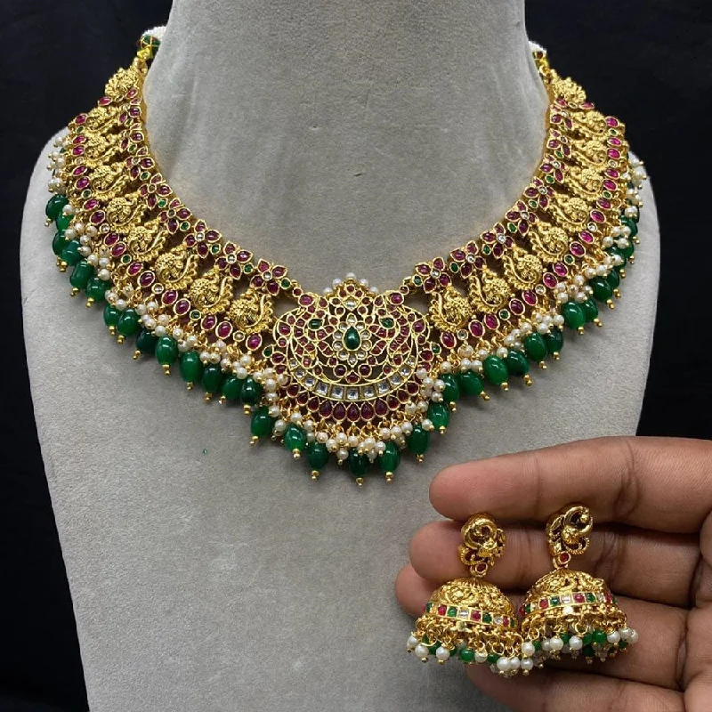 Personalized Gold Necklace-Amoliya Jewels Gold Plated Kundan Stone And Pearls Choker Necklace Set