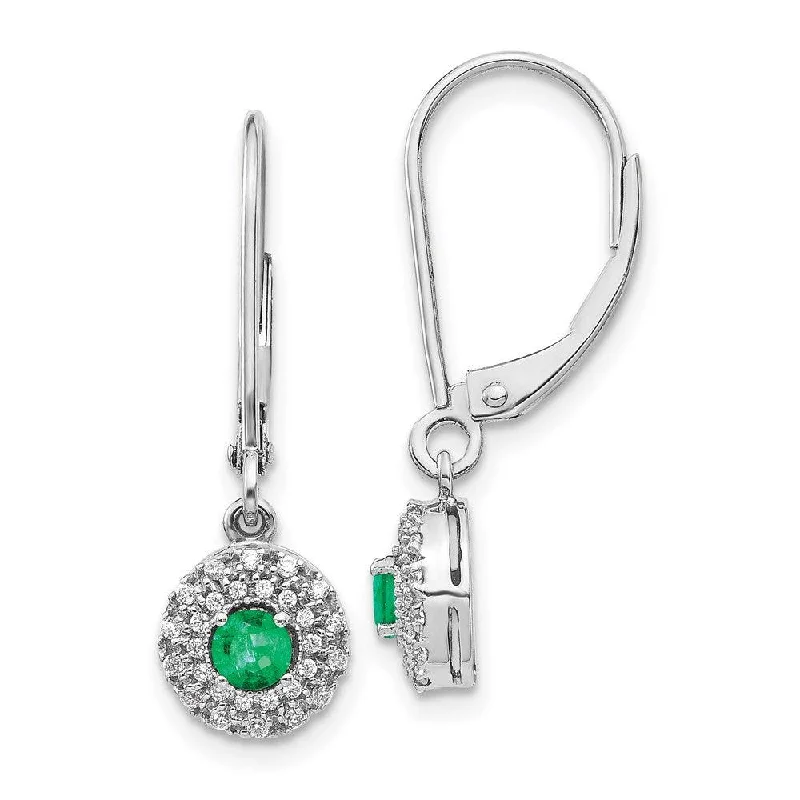 Luxurious Sapphire Earrings-14k White Gold Diamond Halo Emerald Leverback Dangle Earrings