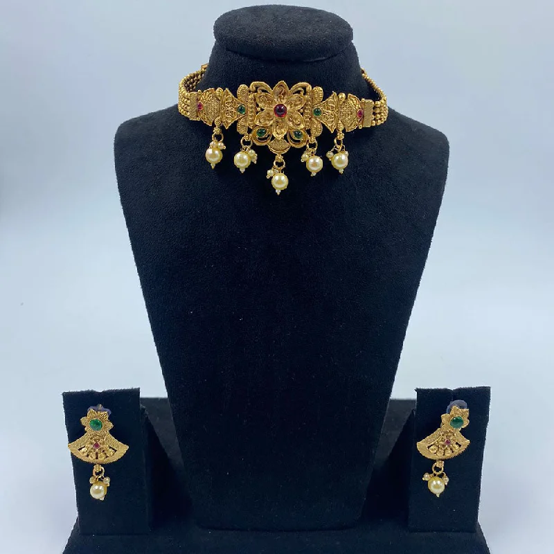 Modern Pendant Necklace-The Fashion Jewels Gold Plated Pota Stone And Pearl Choker Necklace Set