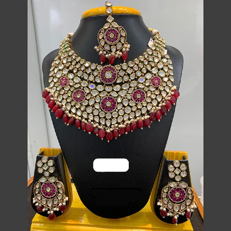 Chunky Bead Necklace-Jain Jewellers Gold Plated Polki Kundan Stone And Pearls Necklace Set