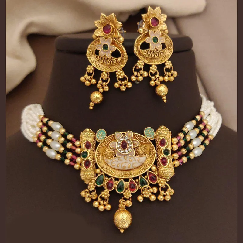 Silver and Gold Necklace-FS Collection Gold Plated Pota Stone And Meenakari Pearls Choker Necklace Set