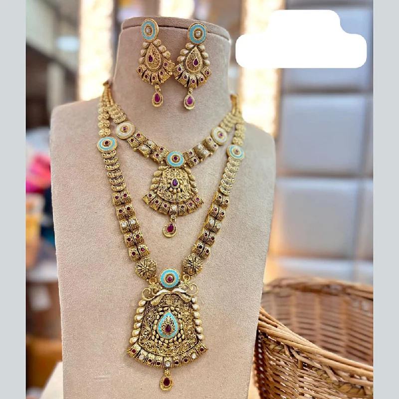 Handcrafted Bead Necklace-Jewel Addiction Gold Plated Pota Stone And Meenakari Double Necklace Set