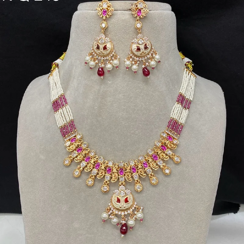 Fashionable Heart Pendant Necklace-Amoliya Jewels Gold Plated Polki Kundan Stone And Meenakari Necklace Set