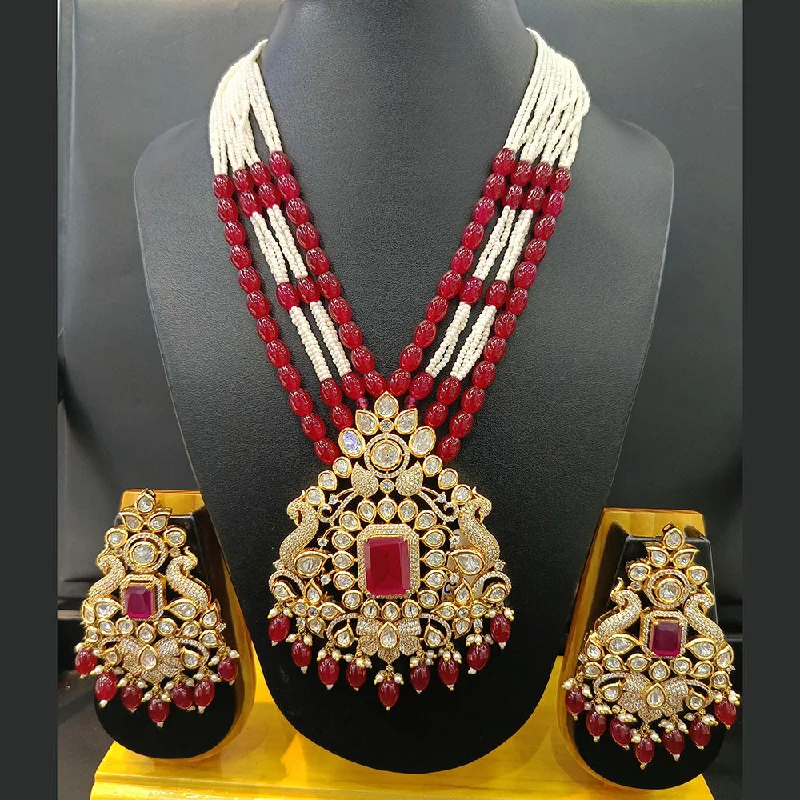 Round Gemstone Necklace-Jain Jewellers Gold Plated Polki Kundan And Pearls Long Necklace Set