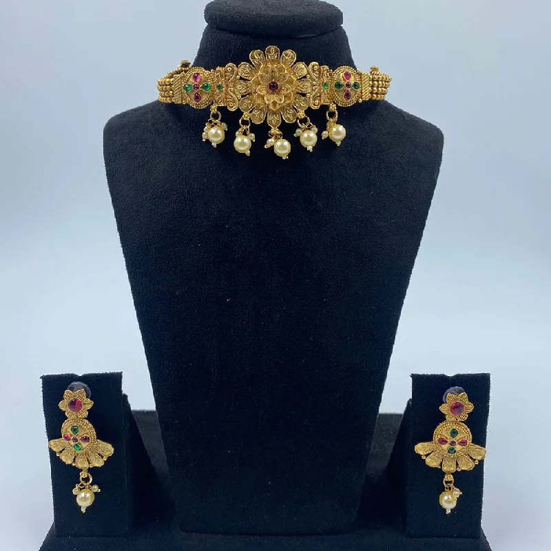 Art Deco Necklace-The Fashion Jewels Gold Plated Pota Stone And Pearl Choker Necklace Set